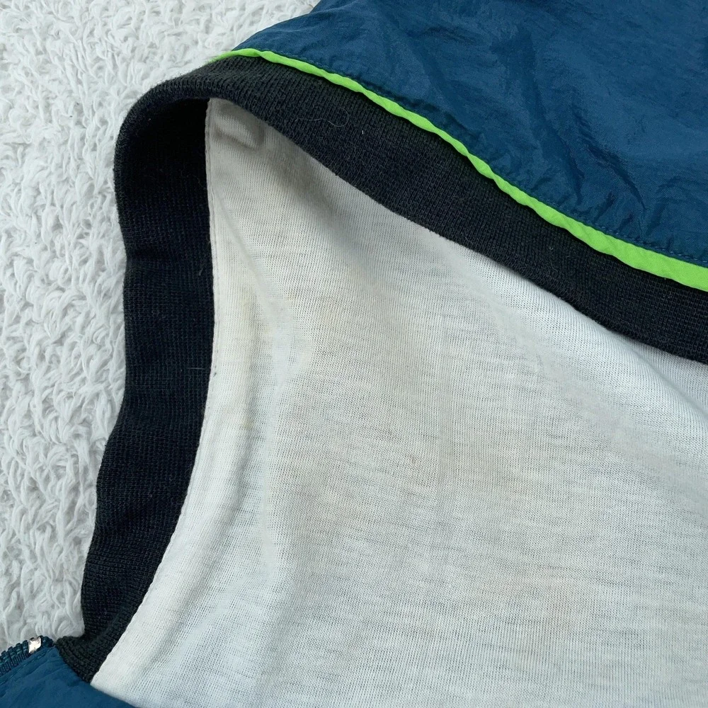 Vtg Adidas Hooded Windbreaker Jacket Mens L CROP FIT Blue Green Zip Three Stripe